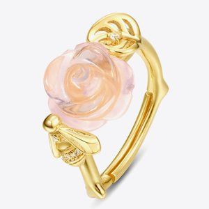 Crystal Flower 10K Gold Plated Adjustable Ring For Women